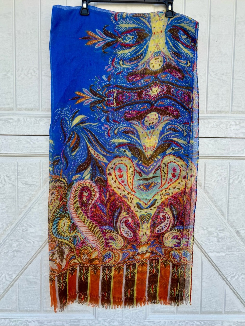 Oversized Blue Paisley Scarf Wrap Shawl Fringe Lightweight